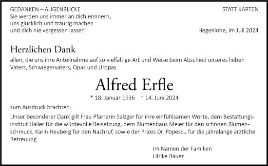 Traueranzeige von Alfred Erfle von Eßlinger Zeitung/Cannstatter Zeitung