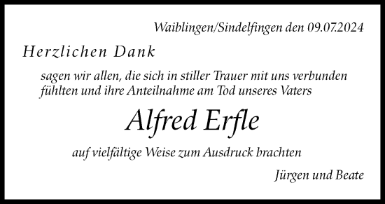 Traueranzeige von Alfred Erfle von Eßlinger Zeitung/Cannstatter Zeitung
