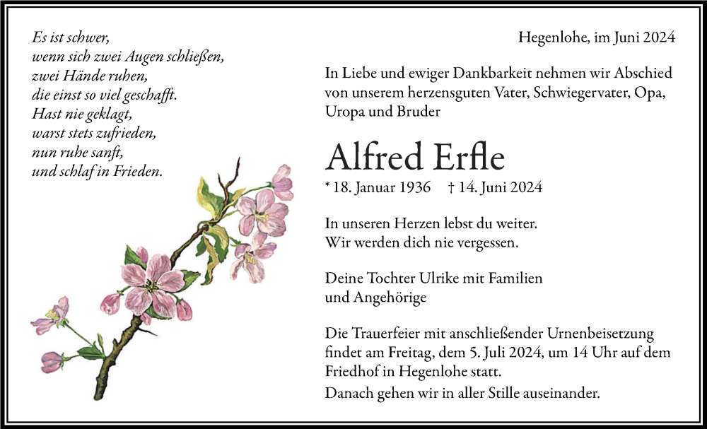  Traueranzeige für Alfred Erfle vom 29.06.2024 aus Eßlinger Zeitung/Cannstatter Zeitung