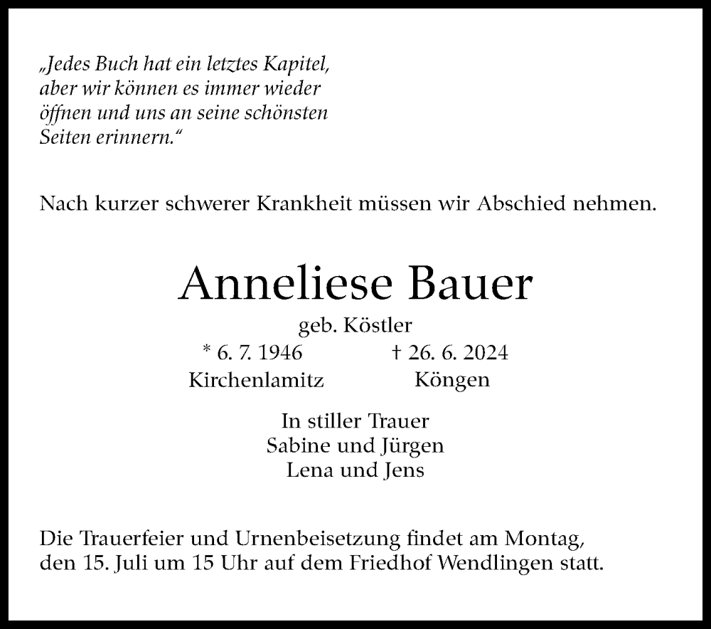  Traueranzeige für Anneliese Bauer vom 10.07.2024 aus Eßlinger Zeitung/Cannstatter Zeitung