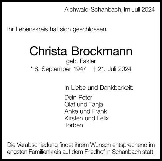 Traueranzeige von Christa Brockmann von Eßlinger Zeitung/Cannstatter Zeitung