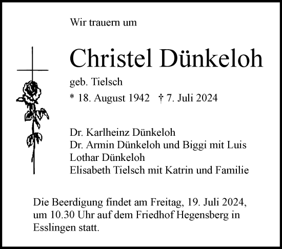 Traueranzeige von Christel Dünkeloh von Eßlinger Zeitung/Cannstatter Zeitung