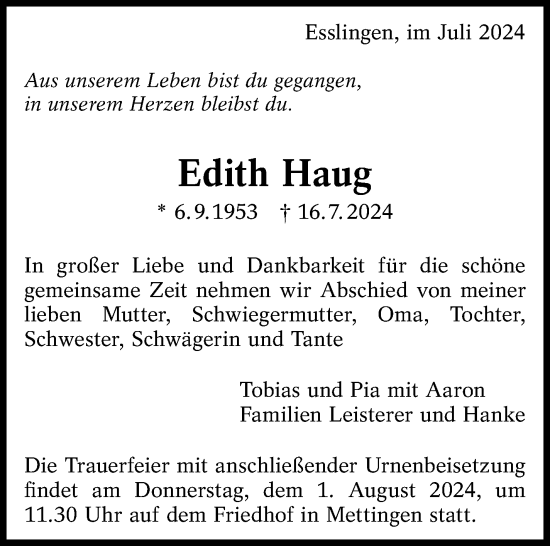 Traueranzeige von Edith Haug von Eßlinger Zeitung/Cannstatter Zeitung