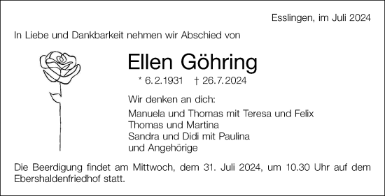 Traueranzeige von Ellen Göhring von Eßlinger Zeitung/Cannstatter Zeitung