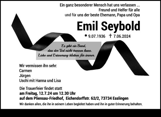 Traueranzeige von Emil Seybold von Eßlinger Zeitung/Cannstatter Zeitung