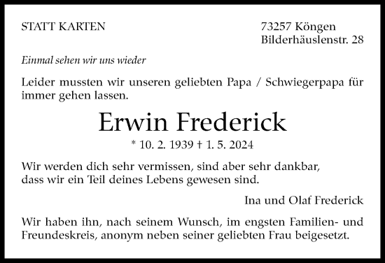 Traueranzeige von Erwin Frederick von Eßlinger Zeitung/Cannstatter Zeitung
