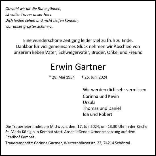 Traueranzeige von Erwin Gartner von Eßlinger Zeitung/Cannstatter Zeitung
