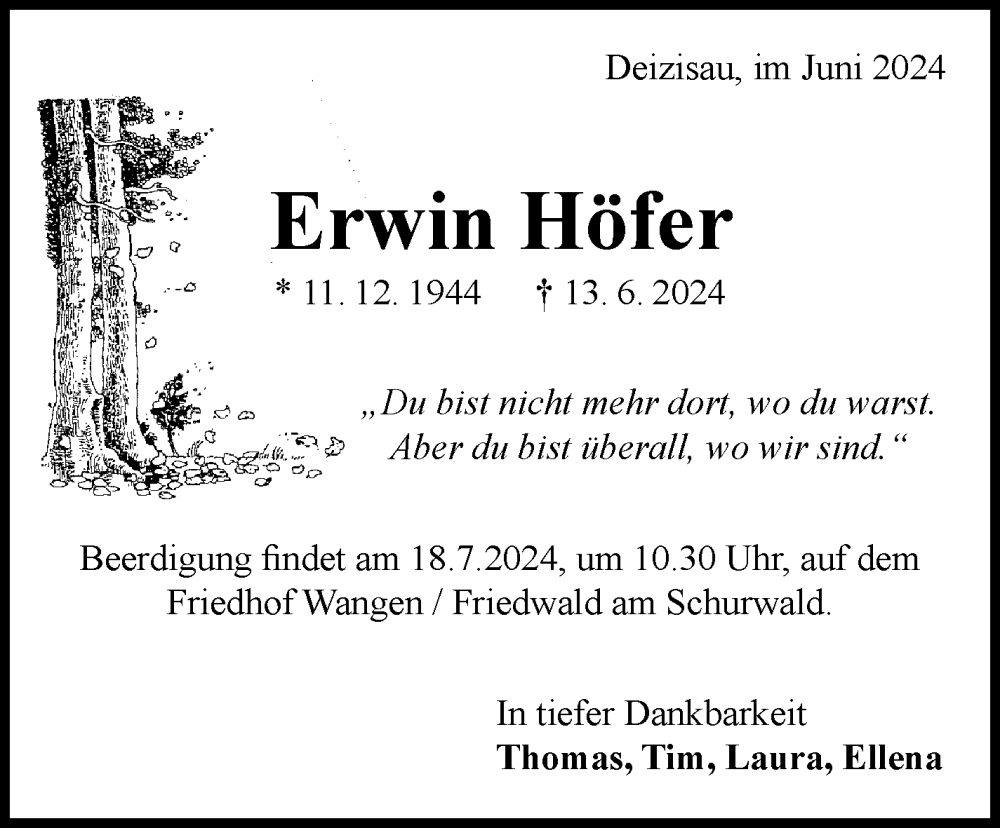 Traueranzeige für Erwin Höfer vom 13.07.2024 aus Eßlinger Zeitung/Cannstatter Zeitung