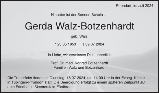 Traueranzeige von Gerda Walz-Botzenhardt von Eßlinger Zeitung/Cannstatter Zeitung