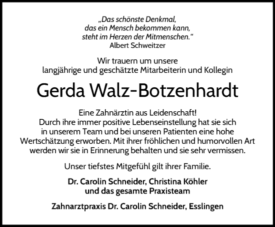 Traueranzeige von Gerda Walz-Botzenhardt von Eßlinger Zeitung/Cannstatter Zeitung