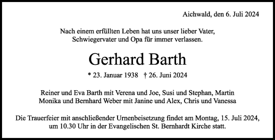 Traueranzeige von Gerhard Barth von Eßlinger Zeitung/Cannstatter Zeitung
