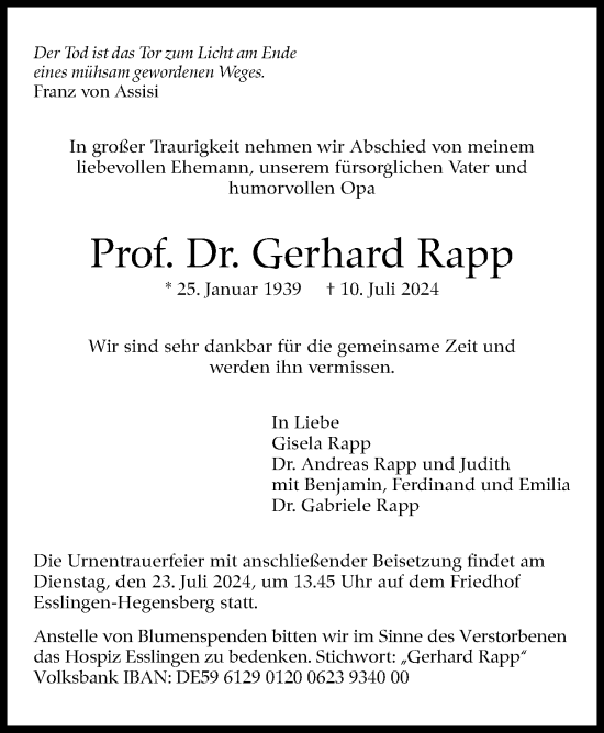Traueranzeige von Gerhard Rapp von Eßlinger Zeitung/Cannstatter Zeitung