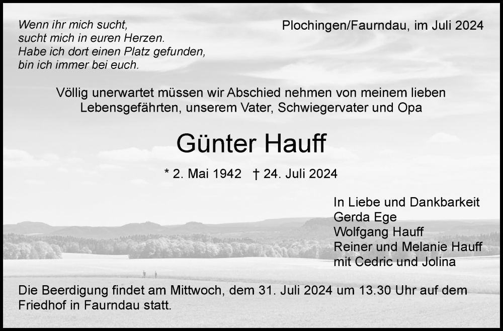  Traueranzeige für Günter Hauff vom 29.07.2024 aus Eßlinger Zeitung/Cannstatter Zeitung