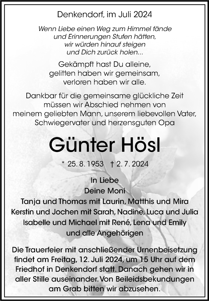  Traueranzeige für Günter Hösl vom 06.07.2024 aus Eßlinger Zeitung/Cannstatter Zeitung