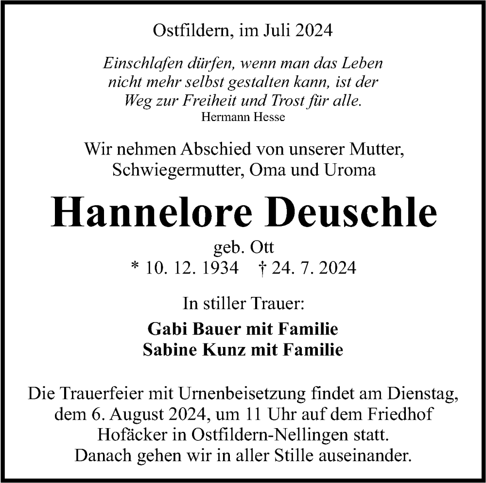 Traueranzeige für Hannelore Deuschle vom 27.07.2024 aus Eßlinger Zeitung/Cannstatter Zeitung