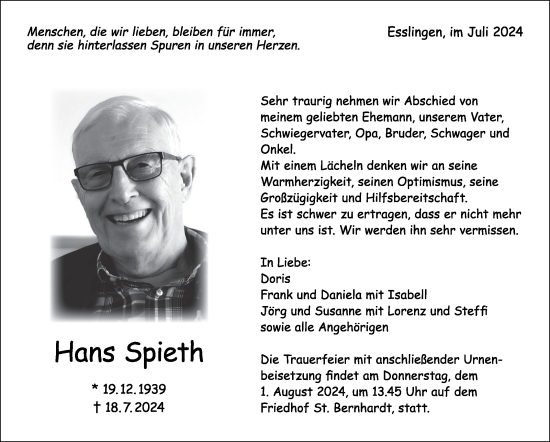 Traueranzeige von Hans Spieth von Eßlinger Zeitung/Cannstatter Zeitung
