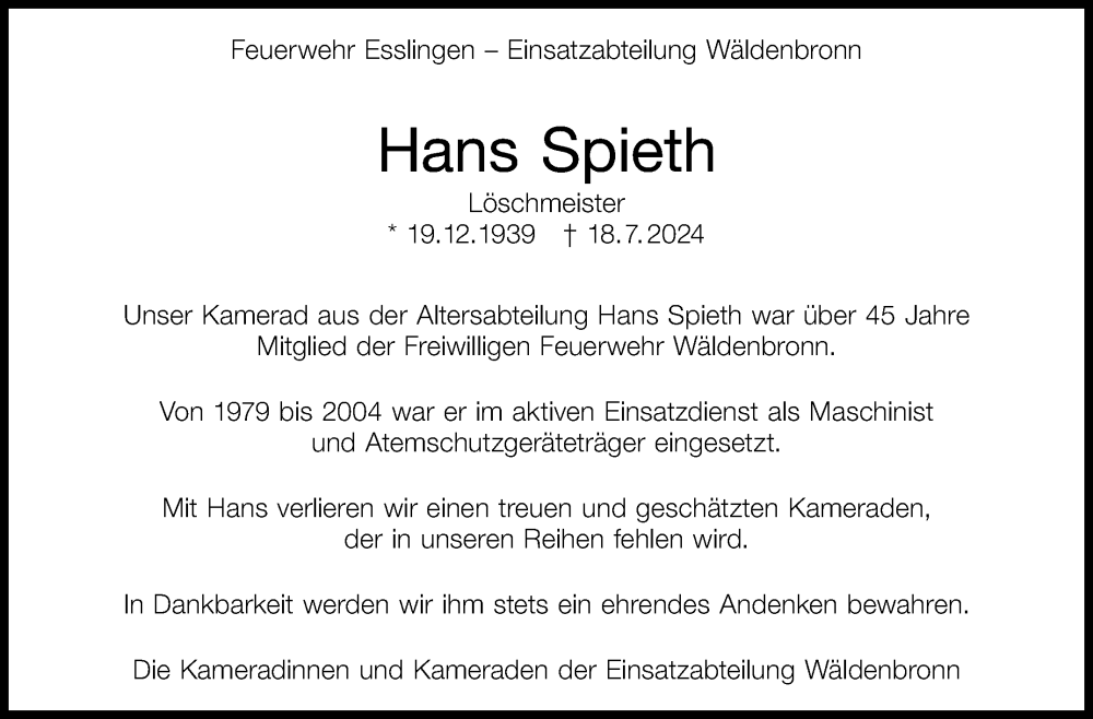  Traueranzeige für Hans Spieth vom 27.07.2024 aus Eßlinger Zeitung/Cannstatter Zeitung
