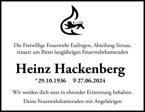 Traueranzeige von Heinz Hackenberg von Eßlinger Zeitung/Cannstatter Zeitung