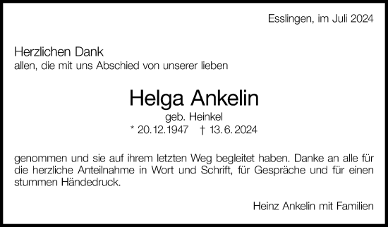 Traueranzeige von Helga Ankelin von Eßlinger Zeitung/Cannstatter Zeitung