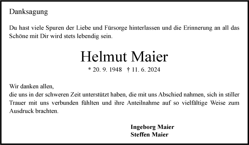  Traueranzeige für Helmut Maier vom 05.07.2024 aus Eßlinger Zeitung/Cannstatter Zeitung