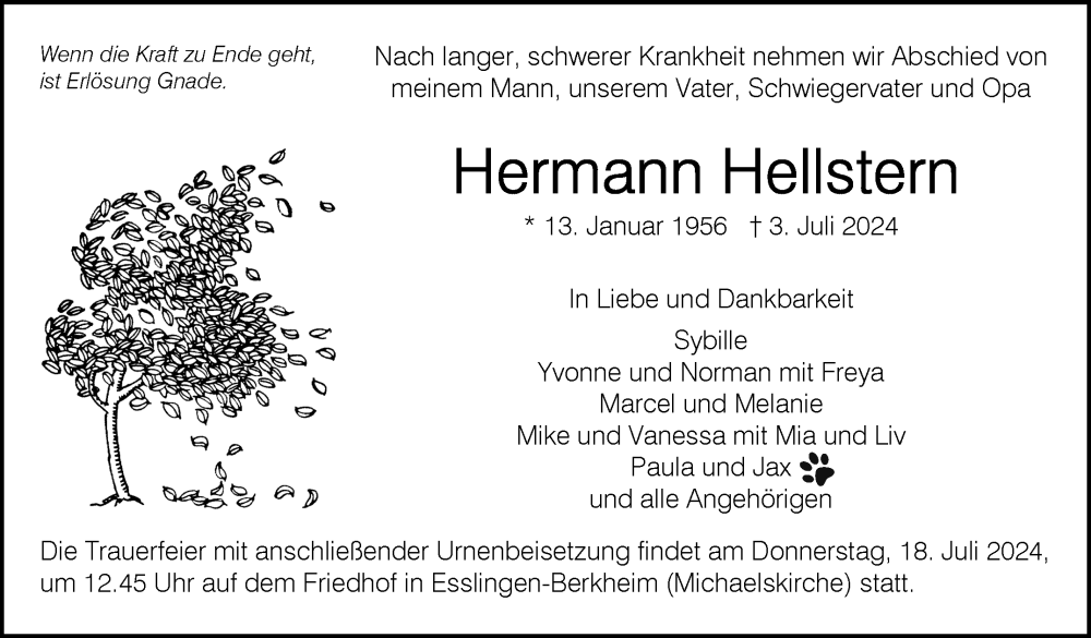  Traueranzeige für Hermann Hellstern vom 13.07.2024 aus Eßlinger Zeitung/Cannstatter Zeitung
