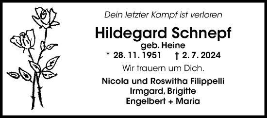 Traueranzeige von Hildegard Schnepf von Eßlinger Zeitung/Cannstatter Zeitung