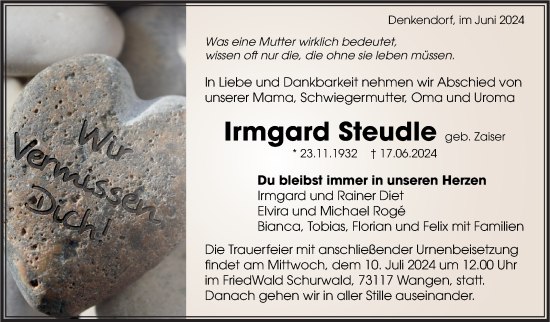 Traueranzeige von Irmgard Steudle von Eßlinger Zeitung/Cannstatter Zeitung
