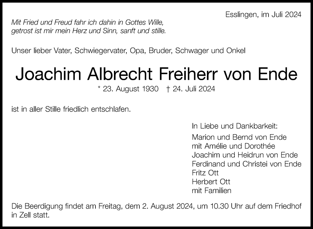  Traueranzeige für Joachim Albrecht Freiherr von Ende vom 27.07.2024 aus Eßlinger Zeitung/Cannstatter Zeitung