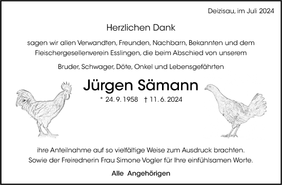 Traueranzeige von Jürgen Sämann von Eßlinger Zeitung/Cannstatter Zeitung