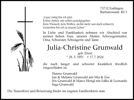 Traueranzeige von Julia-Christine Grunwald von Eßlinger Zeitung/Cannstatter Zeitung