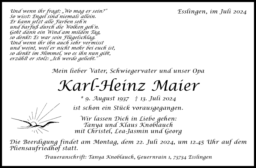  Traueranzeige für Karl-Heinz Maier vom 17.07.2024 aus Eßlinger Zeitung/Cannstatter Zeitung