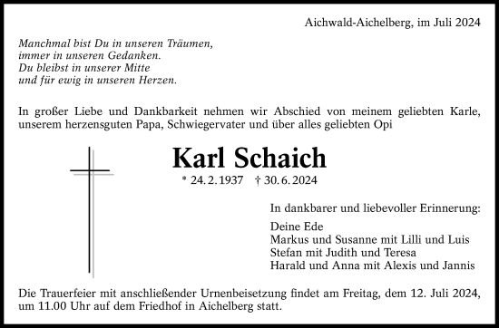 Traueranzeige von Karl Schaich von Eßlinger Zeitung/Cannstatter Zeitung