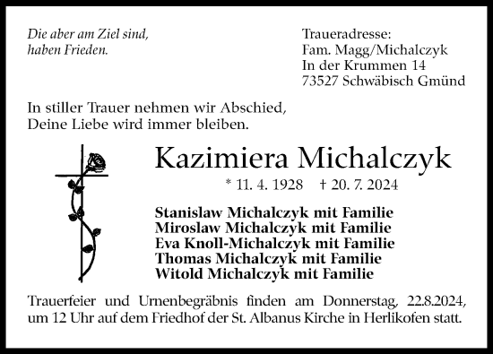 Traueranzeige von Kazimiera Michalczyk von Eßlinger Zeitung/Cannstatter Zeitung