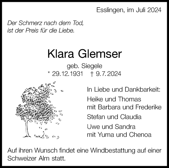 Traueranzeige von Klara Glemser von Eßlinger Zeitung/Cannstatter Zeitung