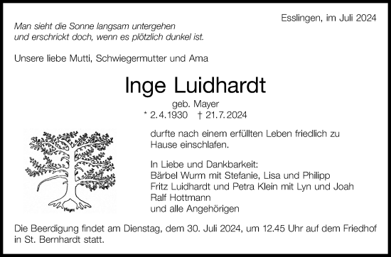 Traueranzeige von lnge Luidhardt von Eßlinger Zeitung/Cannstatter Zeitung