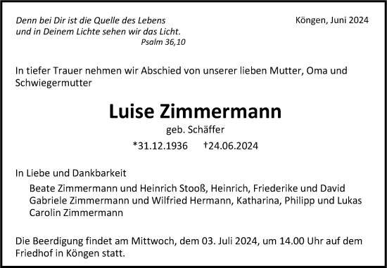 Traueranzeige von Luise Zimmermann von Eßlinger Zeitung/Cannstatter Zeitung