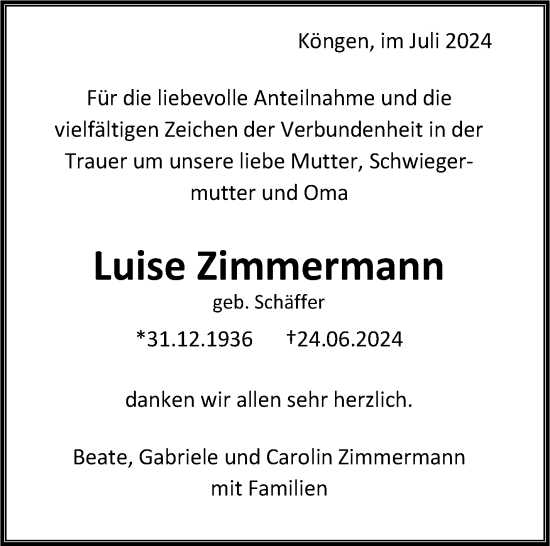 Traueranzeige von Luise Zimmermann von Eßlinger Zeitung/Cannstatter Zeitung