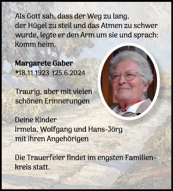 Traueranzeige von Margarete Gaber von Eßlinger Zeitung/Cannstatter Zeitung