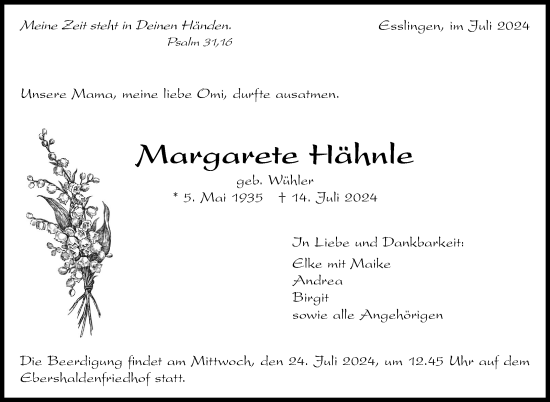Traueranzeige von Margarete Hähnle von Eßlinger Zeitung/Cannstatter Zeitung