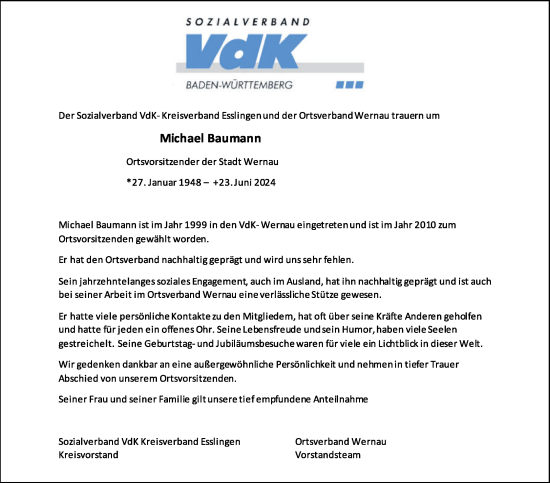 Traueranzeige von Michael Baumann von Eßlinger Zeitung/Cannstatter Zeitung
