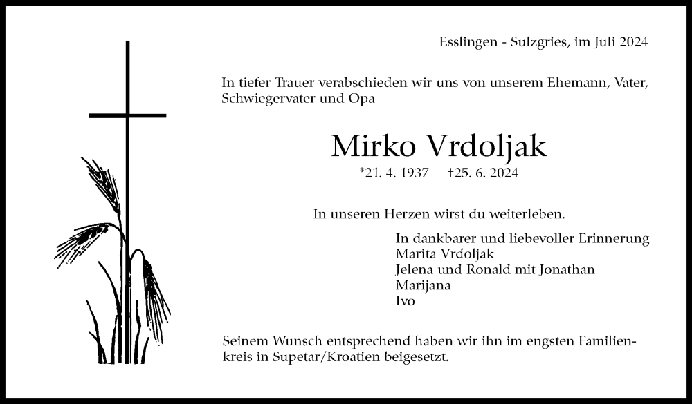  Traueranzeige für Mirko Vrdoljak vom 20.07.2024 aus Eßlinger Zeitung/Cannstatter Zeitung