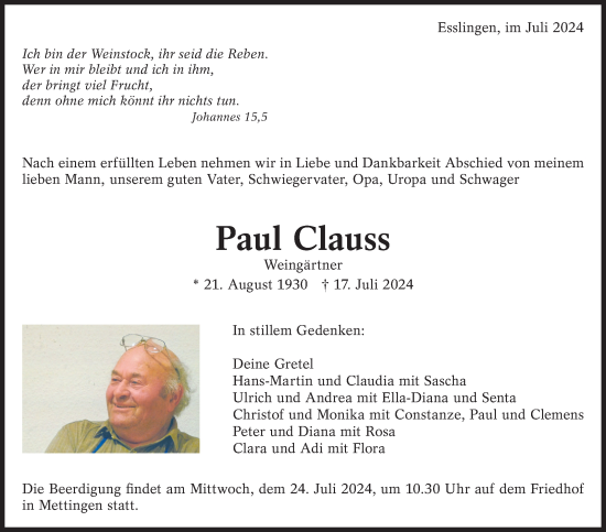 Traueranzeige von Paul Clauss von Eßlinger Zeitung/Cannstatter Zeitung