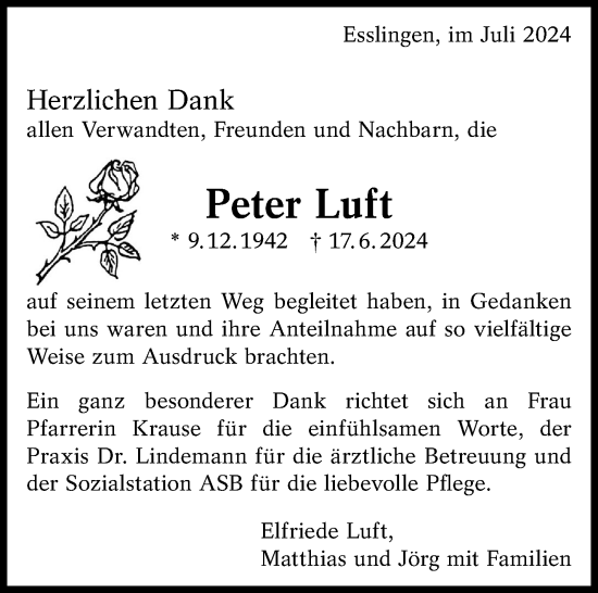 Traueranzeige von Peter Luft von Eßlinger Zeitung/Cannstatter Zeitung