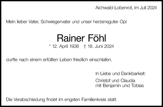 Traueranzeige von Rainer Föhl von Eßlinger Zeitung/Cannstatter Zeitung