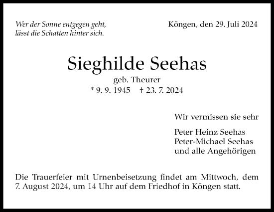Traueranzeige von Sieghilde Seehas von Eßlinger Zeitung/Cannstatter Zeitung