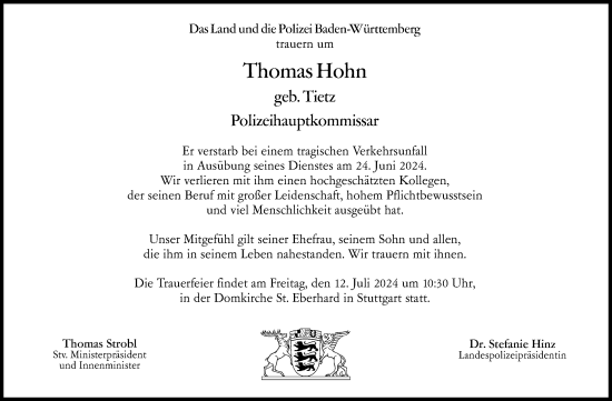 Traueranzeige von Thomas Hohn von Eßlinger Zeitung/Cannstatter Zeitung