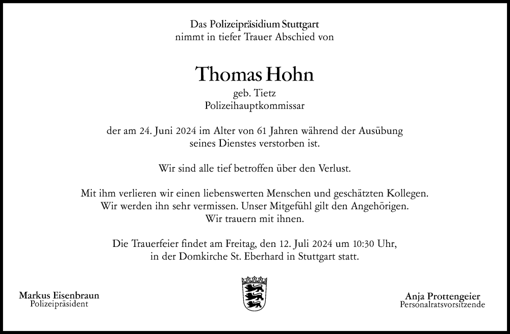  Traueranzeige für Thomas Hohn vom 02.07.2024 aus Eßlinger Zeitung/Cannstatter Zeitung
