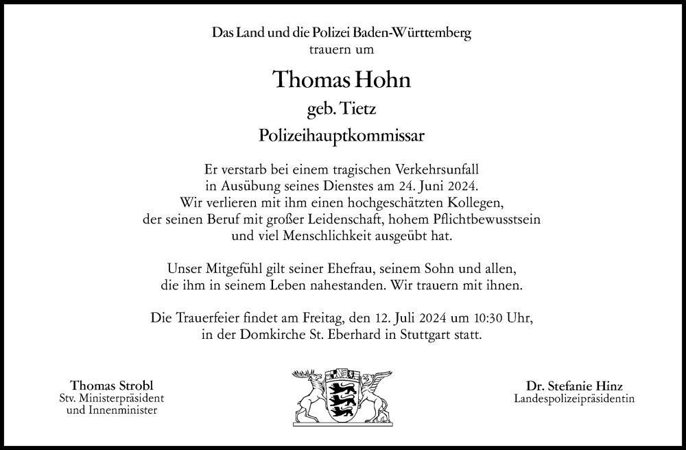  Traueranzeige für Thomas Hohn vom 02.07.2024 aus Eßlinger Zeitung/Cannstatter Zeitung