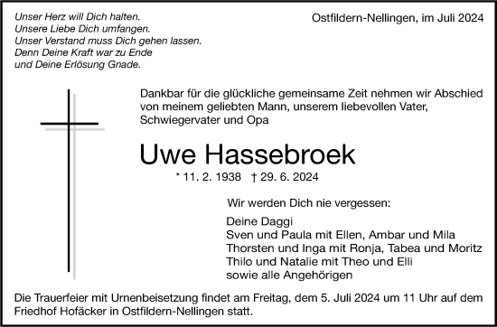 Traueranzeige von Uwe Hassebroek von Eßlinger Zeitung/Cannstatter Zeitung