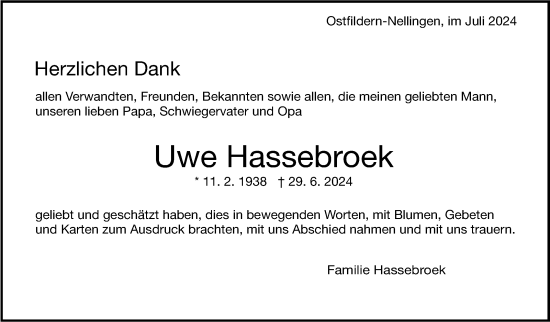 Traueranzeige von Uwe Hassebroek von Eßlinger Zeitung/Cannstatter Zeitung